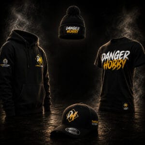 Odzież Danger Hobby – bluza, koszulka i czapki na ciemnym tle, kategoria odzieży w sklepie PyroKing