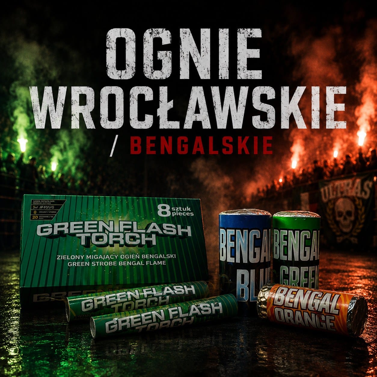 Ognie wrocławskie i bengalskie – zielone, niebieskie i pomarańczowe ognie do opraw meczowych