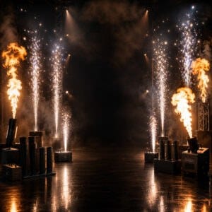 Pirotechnika sceniczna i eventowa z fontannami iskier, płomieniami i efektami scenicznymi
