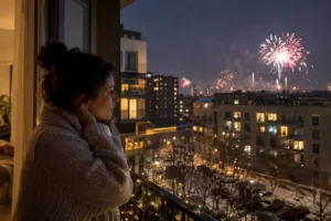 Czy w Sylwestra jest cisza nocna? Fajerwerki nad miastem i kobieta obserwująca sylwestrowy pokaz z balkonu.