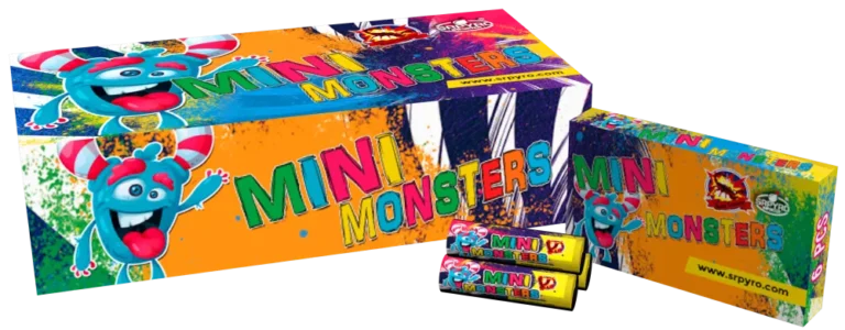 Bączki Mini Monsters SRPYRO: kolorowe pudełka z niebieskim potworkiem, obok pojedyncze bączki