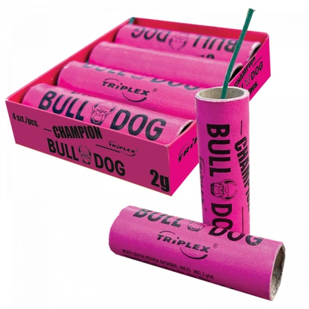 Emitery dźwięku Champion Bull Dog Triplex: różowe tuby z lontem przed otwartym kartonem