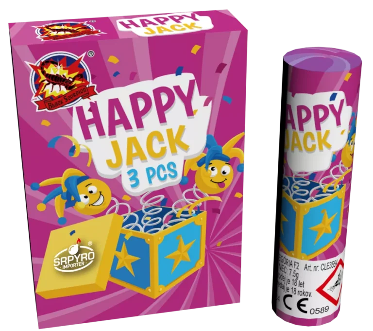 Fontanna Happy Jack SRPYRO: różowe pudełko z pajacykiem wyskakującym ze skrzynki, obok tuba