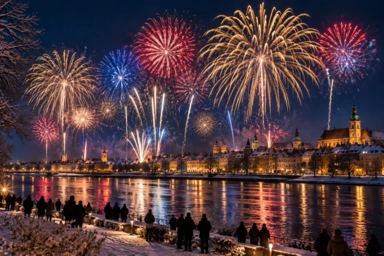 Fajerwerki na Sylwestra nad rzeką i starym miastem