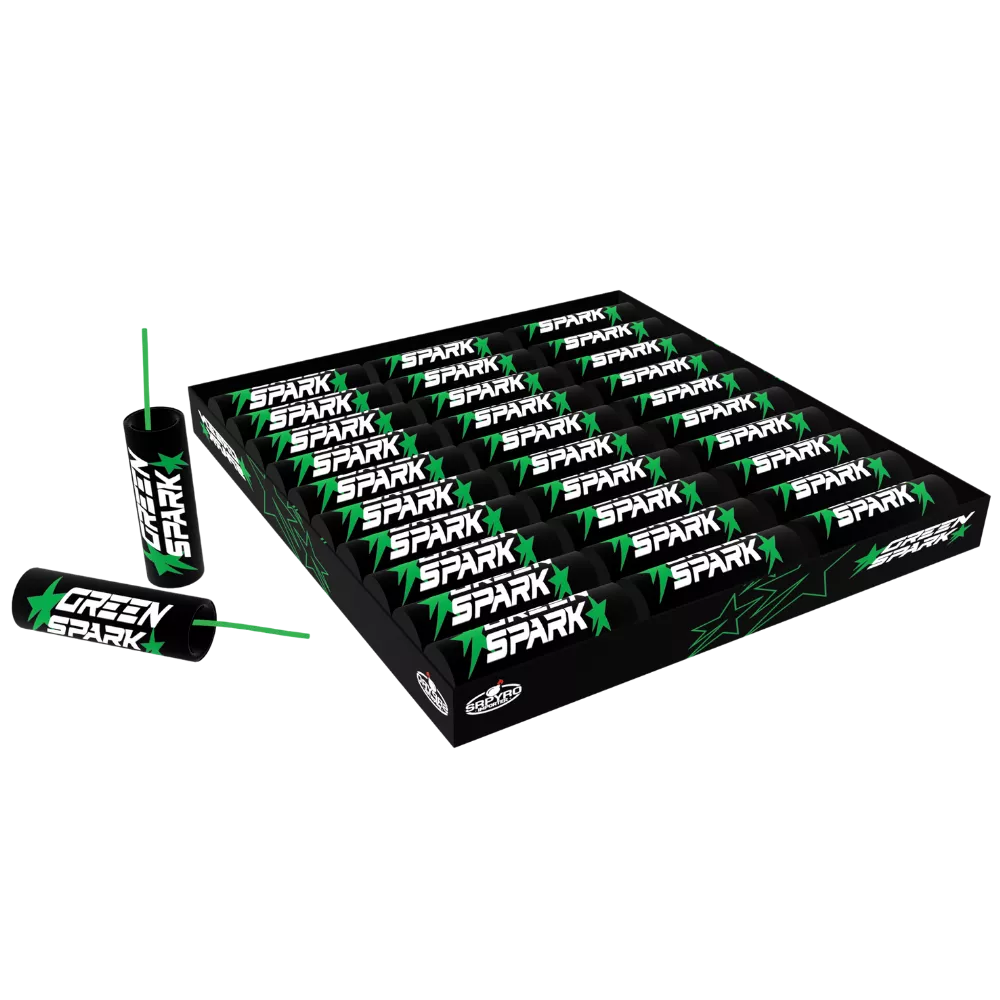Petardy Green Spark SRPYRO w czarnej tacce, obok dwie petardy z zielonym nadrukiem