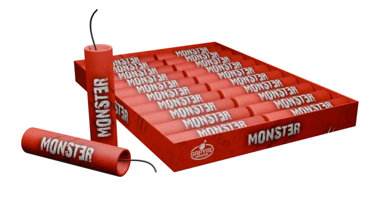 Petardy Monster Red SRPYRO: czerwone petardy z lontem w czerwonej tacce z napisem Monster