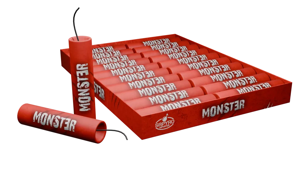 Petardy Monster Red SRPYRO: czerwone petardy z lontem w czerwonej tacce z napisem Monster