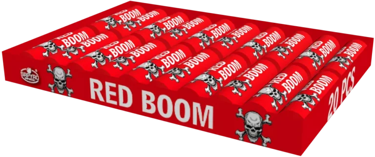 Petardy Red Boom SRPYRO w czerwonej tacce na 20 sztuk z grafiką czaszek