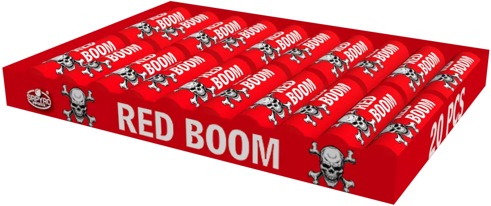 Petardy Red Boom SRPYRO w czerwonej tacce na 20 sztuk z grafiką czaszek