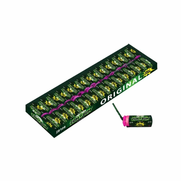 Petardy hukowe Small Strong Zom Bum w zielonym kartonie Original, obok jedna petarda z lontem