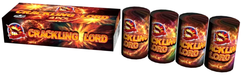 Pirobajer Crackling Lord SRPYRO: kartonik i cztery tuby z czerwono-pomarańczową grafiką