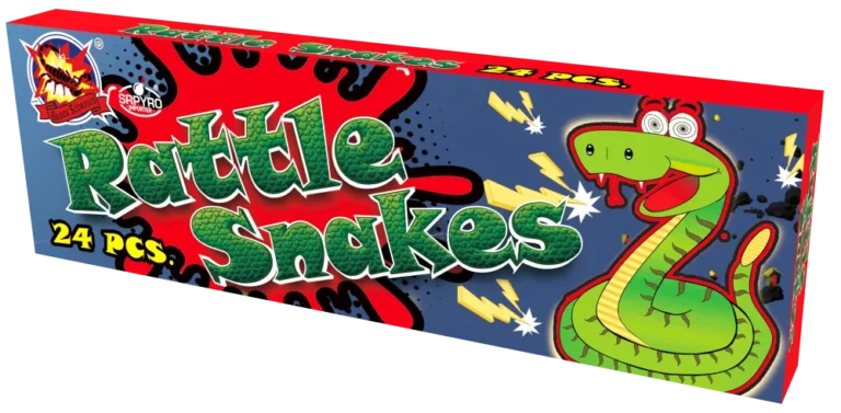 Pirobajery Rattle Snakes SRPYRO w niebieskim pudełku z zielonym wężem i napisem 24 pcs