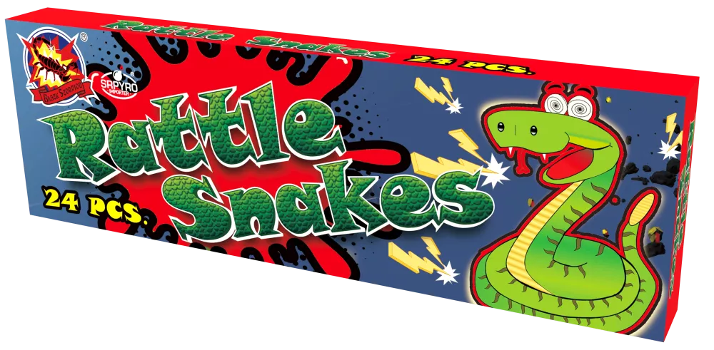Pirobajery Rattle Snakes SRPYRO w niebieskim pudełku z zielonym wężem i napisem 24 pcs