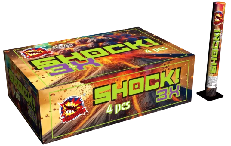 Single shot Shock Crackling SRPYRO: kartonik z napisem Shock 3x 4 pcs i jedna tuba obok