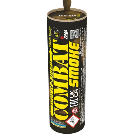 Żółta świeca dymna Combat Smoke Jorge: czarna tuba z żółtym napisem i oznaczeniem JFS-5/Y