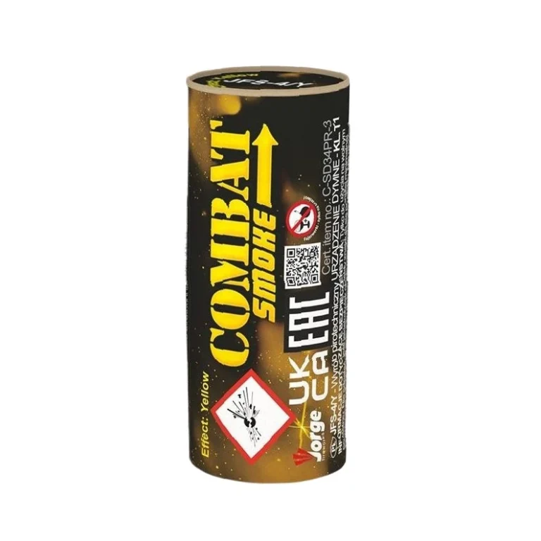Żółta świeca dymna na zawleczkę Combat Smoke Jorge: krótka tuba z żółto-czarnym nadrukiem