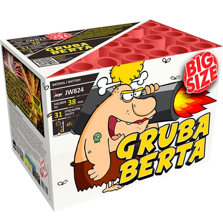 Wyrzutnia Gruba Berta Jorge w białym kartonie z jaskiniowcem niosącym armatę i znakiem Big Size