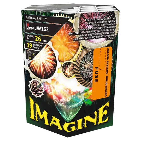 Wyrzutnia Imagine Jorge w ciemnozielonym kartonie z grafiką kolorowych wybuchów i napisem Imagine
