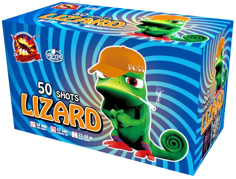 Wyrzutnia Lizard SRPYRO w niebieskim kartonie z zielonym kameleonem w pomarańczowej czapce