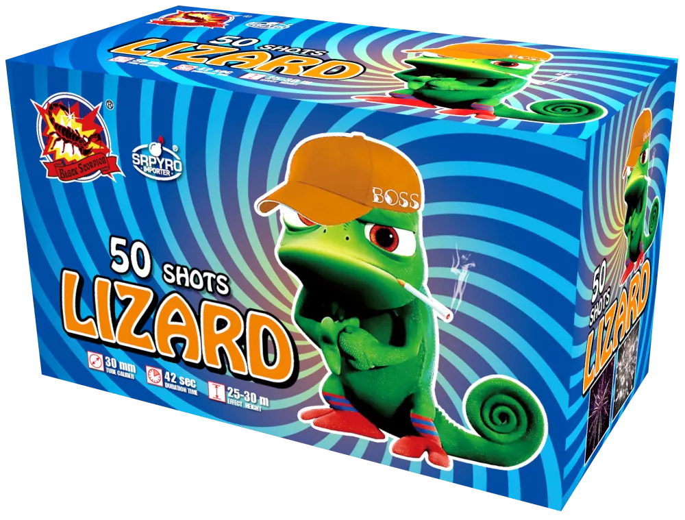 Wyrzutnia Lizard SRPYRO w niebieskim kartonie z zielonym kameleonem w pomarańczowej czapce