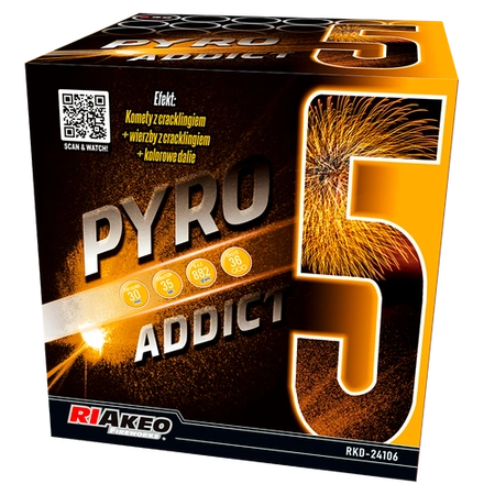Wyrzutnia Pyro Addict 5 Riakeo w czarno-pomarańczowym kartonie z dużą cyfrą 5