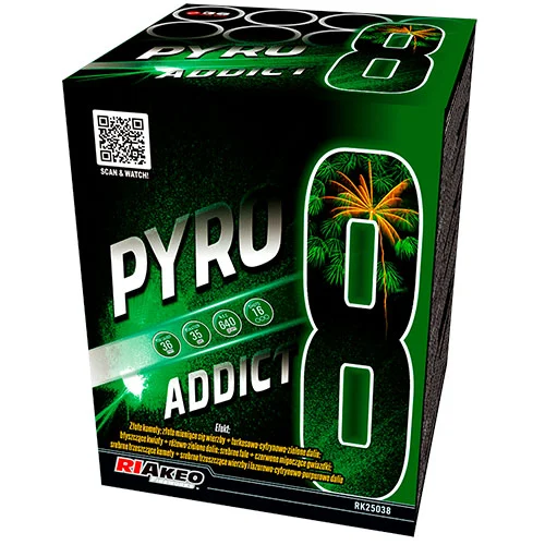 Wyrzutnia Pyro Addict 8 Riakeo w zielonym kartonie z dużą cyfrą 8 i grafiką złotej palmy